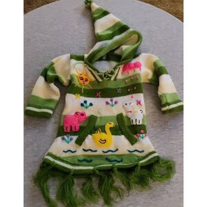 PERUVIAN HAND KNIT PATCHWORK HOODED PULLOVER SWEATER NWT